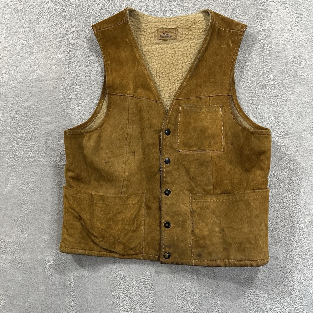 Norm Thompson Leather Sherpa Jacket Vest Men L Tan Brown Farmer Workwear Y2K Vtg